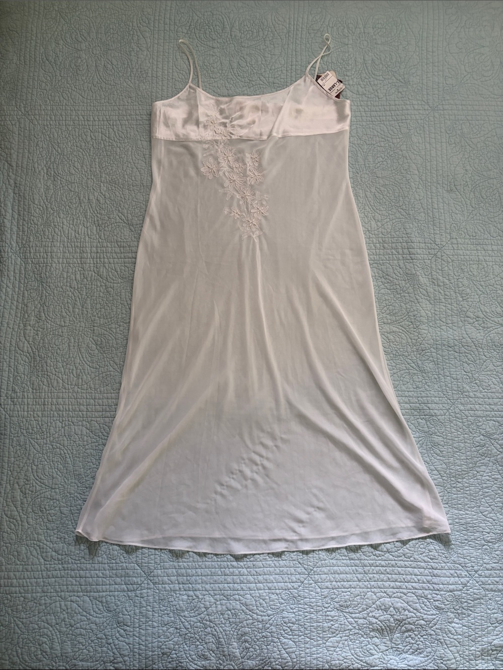 Ladies White Satin & Sheer Slip Dress with Lace Trim